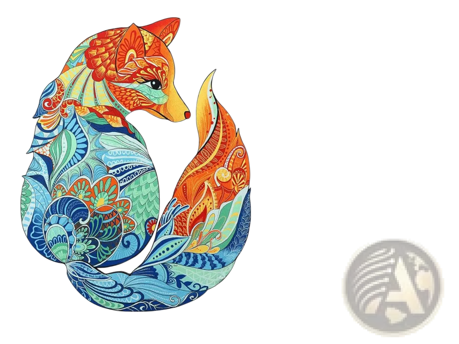 Vibrant fox-shaped a3 animal puzzle with intricate orange blue and teal patterns from zodiac and psychedelic art series