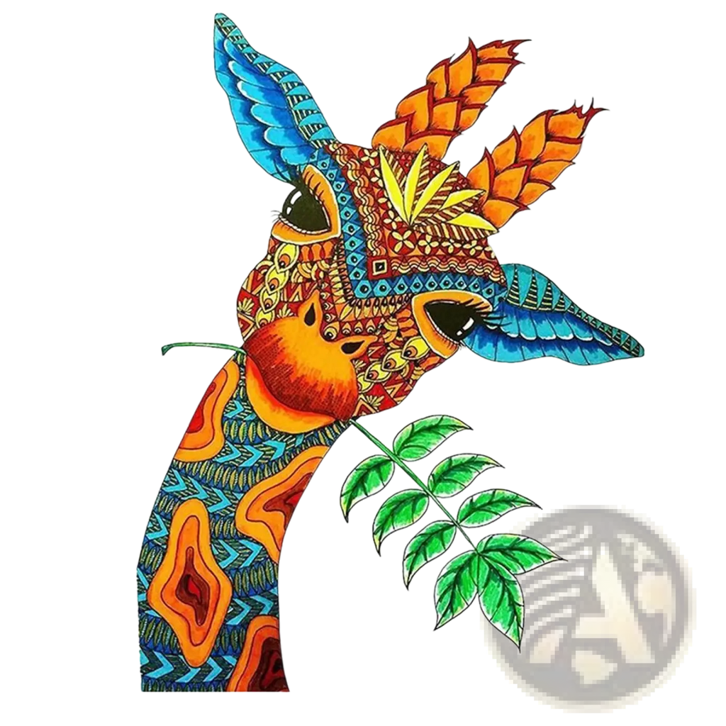 A3 animal puzzle craft hub zodiac and psychedelic art featuring a vibrantly illustrated giraffe with colorful orange blue and yellow patterns