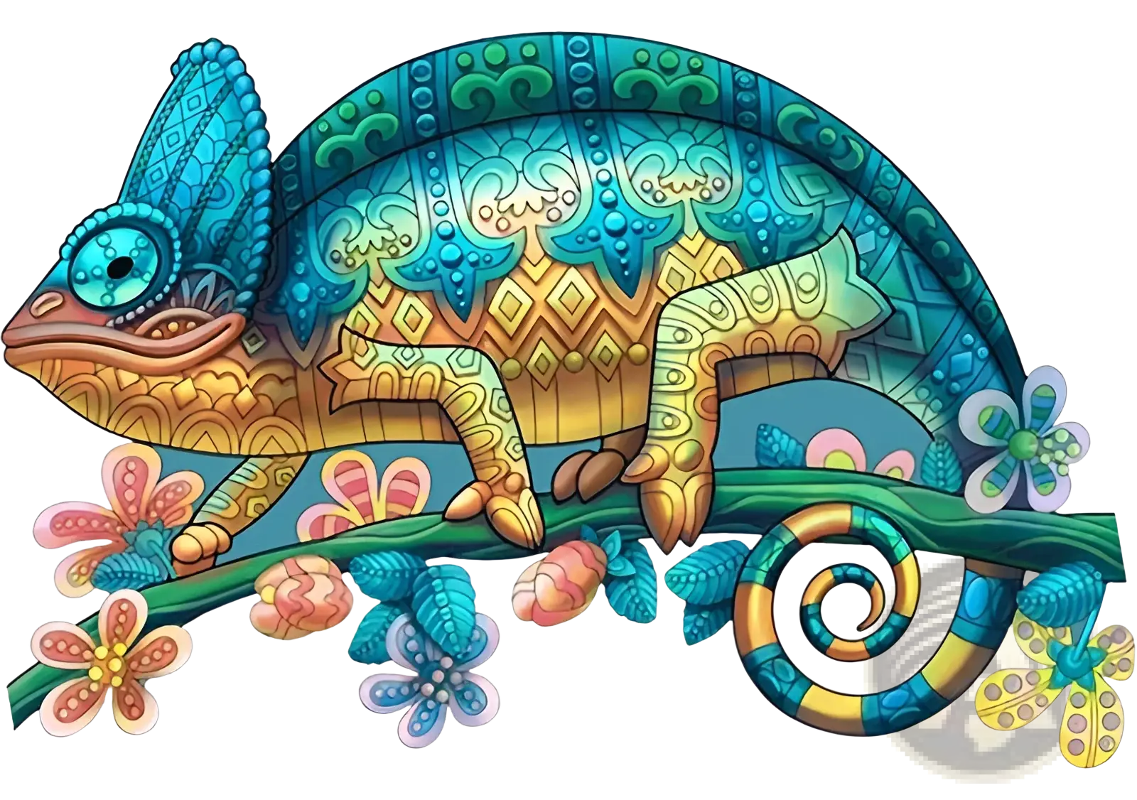 A3 animal puzzle craft hub featuring a vibrantly colored chameleon with turquoise and gold intricate psychedelic patterns