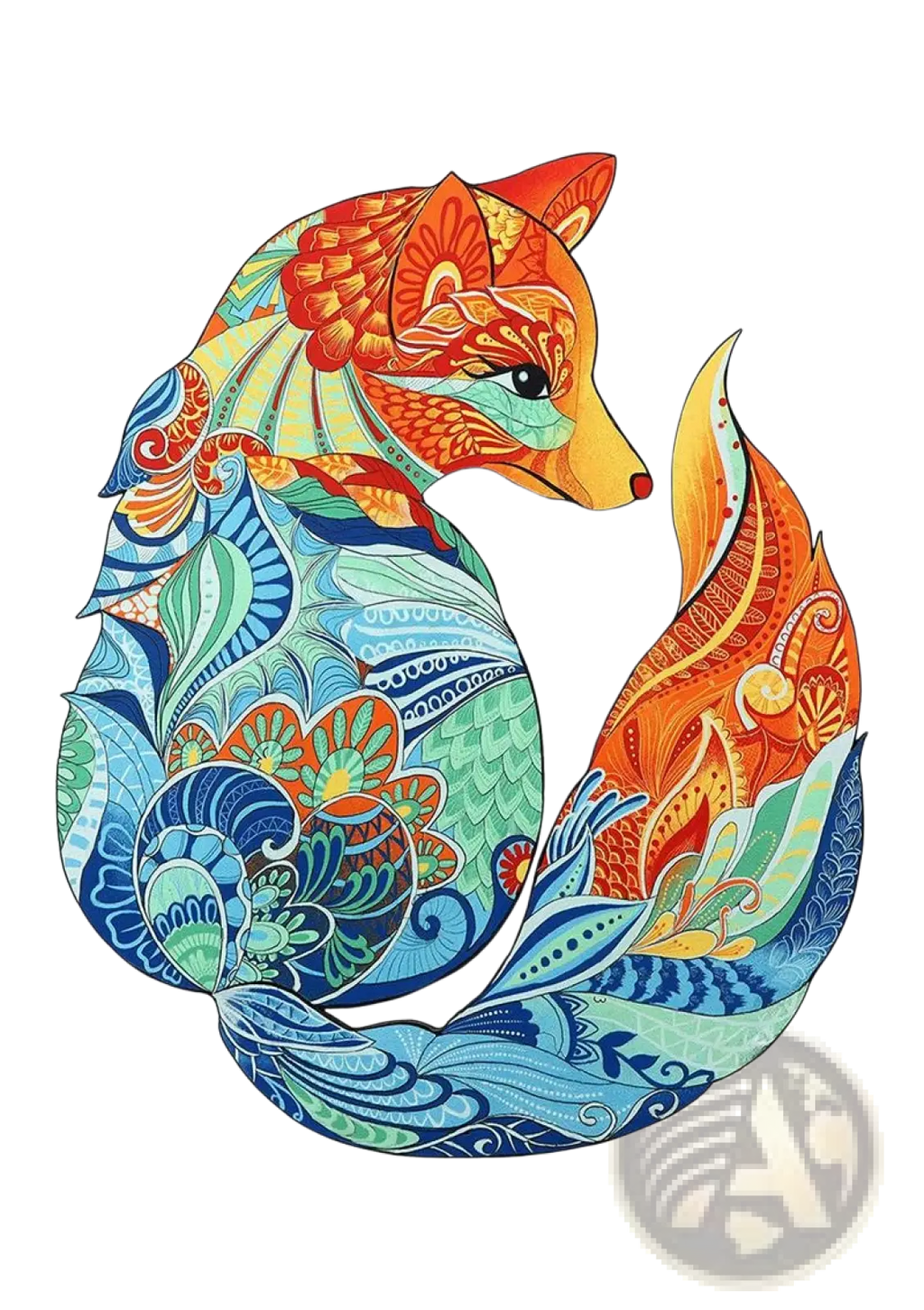 A3 animal puzzle craft hub featuring a vibrant fox illustration with intricate orange blue green floral and wave motifs