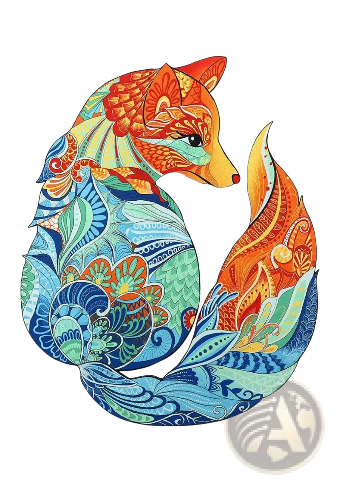 A3 animal puzzle craft hub featuring a vibrant fox illustration with intricate orange blue green floral and wave motifs