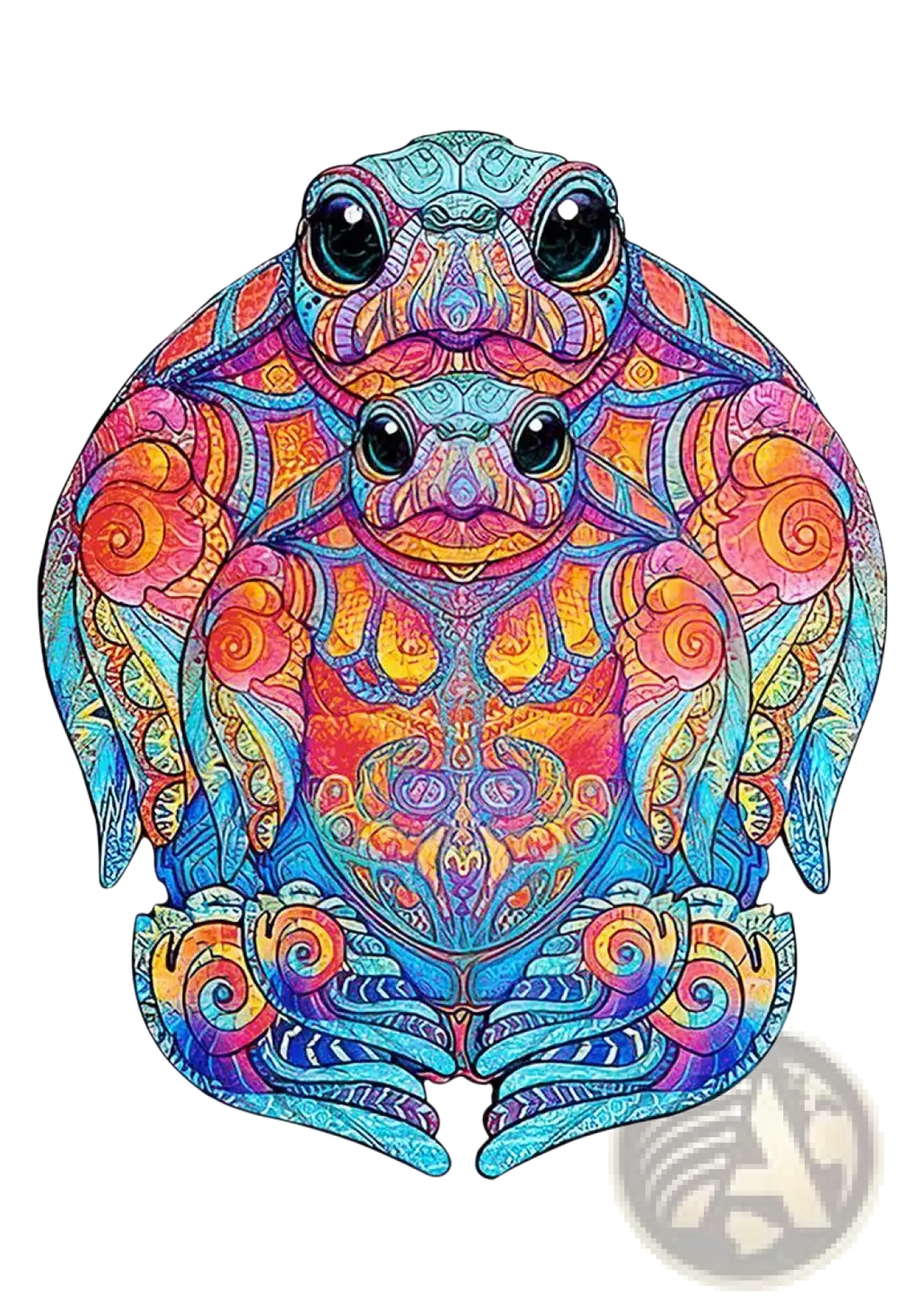 A3 animal puzzle featuring a vibrant psychedelic frog with intricate blue orange pink and purple swirling patterns