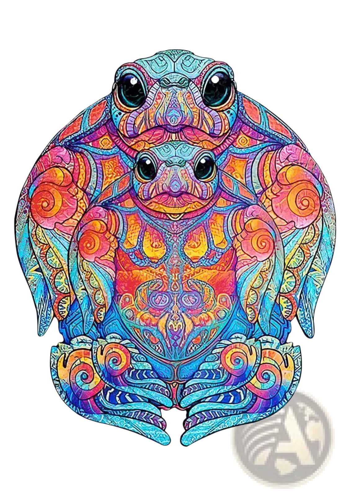 A3 animal puzzle featuring a vibrant psychedelic frog with intricate blue orange pink and purple swirling patterns