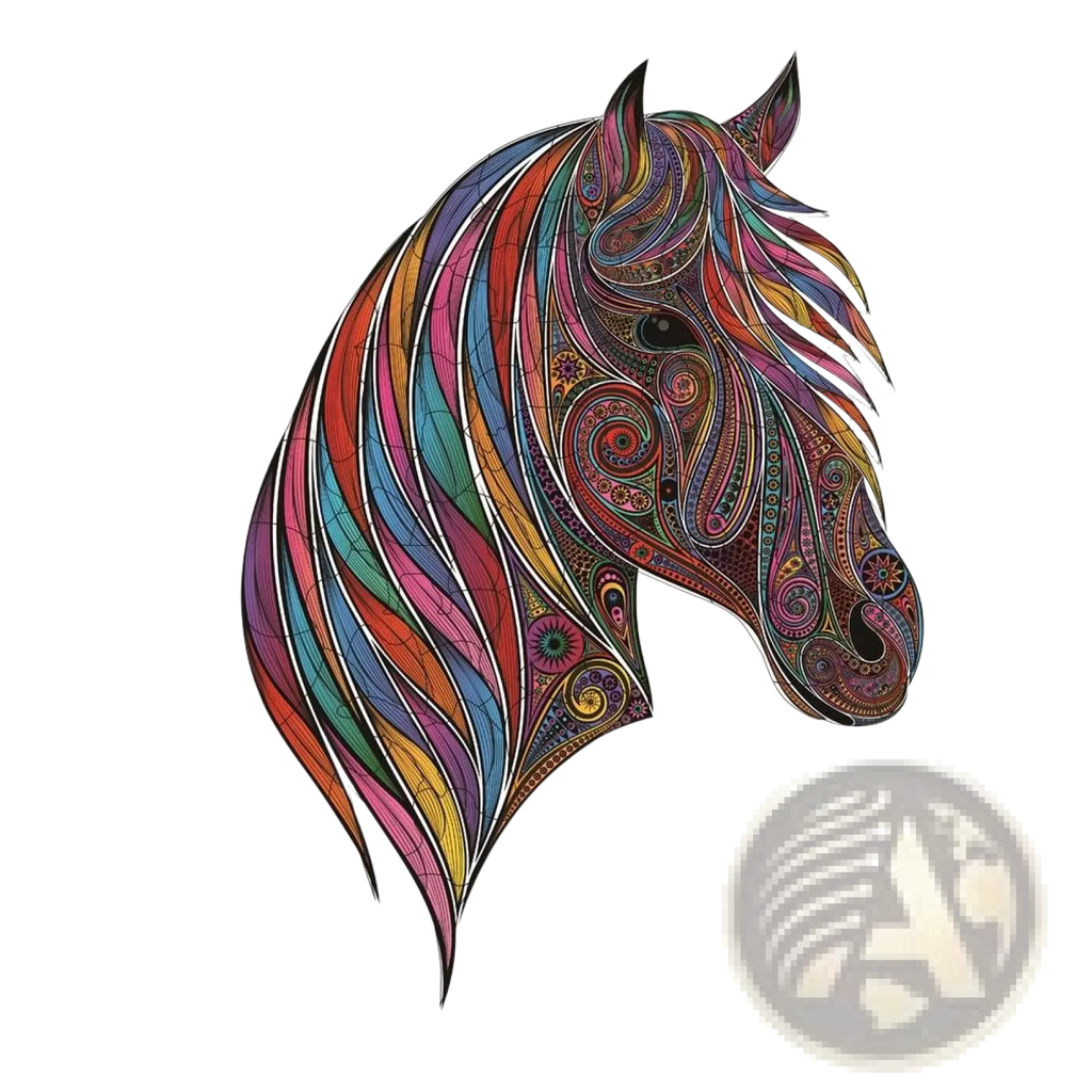 A3 animal puzzle craft hub featuring a vibrant horse head illustration with rainbow paisley and floral designs