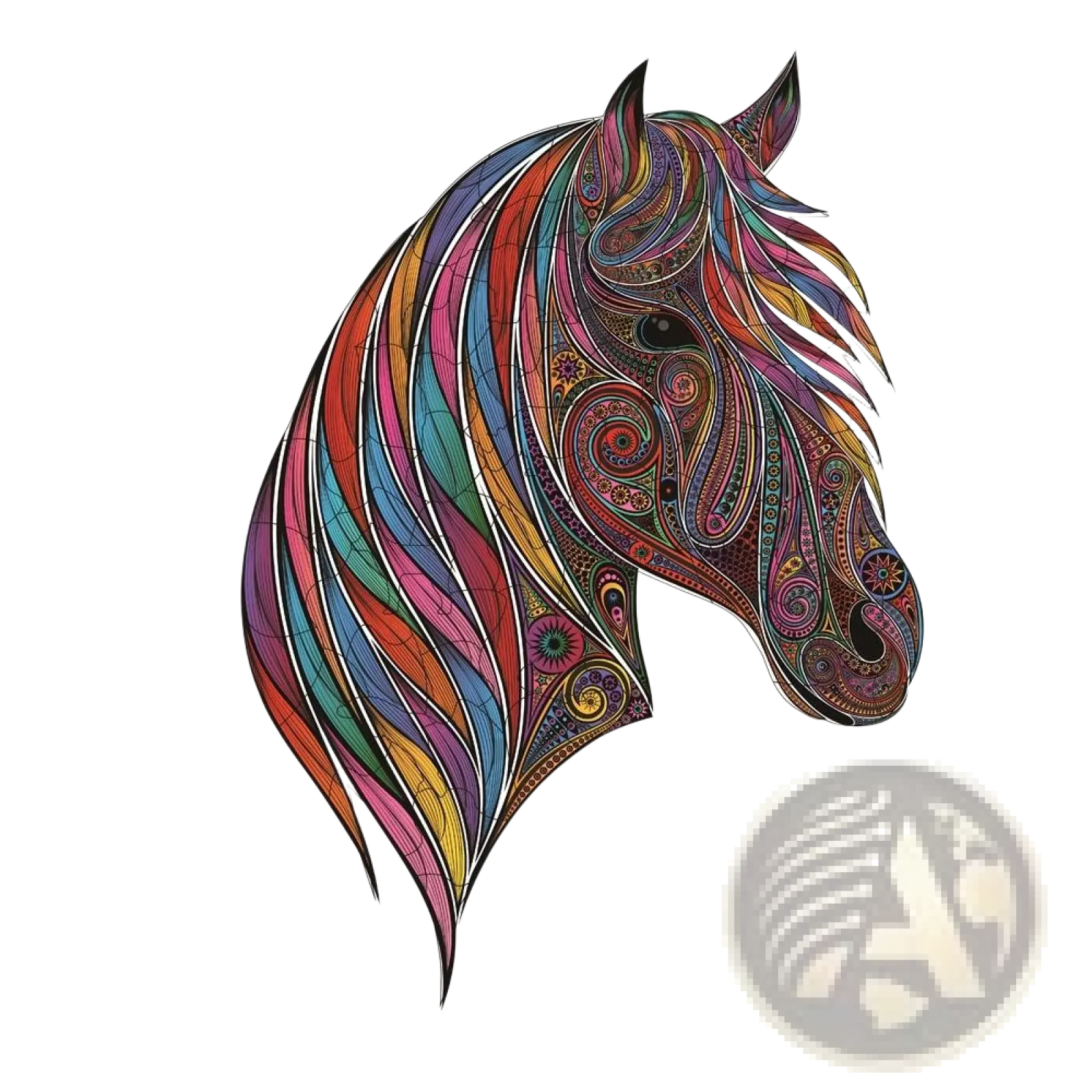 A3 animal puzzle craft hub featuring a vibrant horse head illustration with rainbow paisley and floral designs
