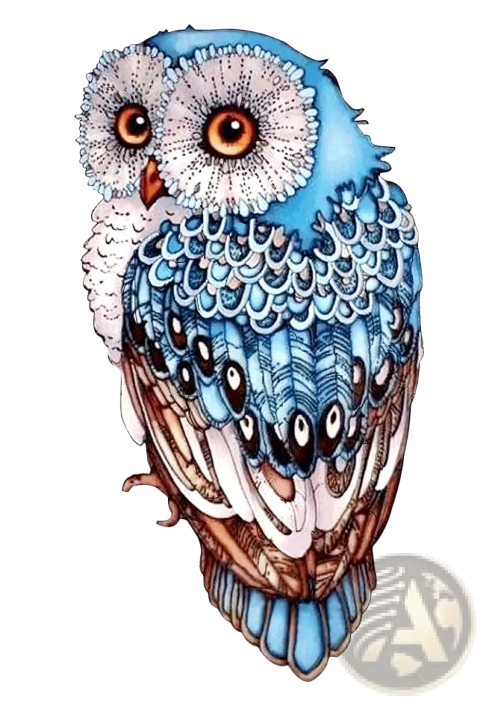 A3 animal puzzle craft hub featuring a blue and white owl with detailed feather patterns in zodiac psychedelic art style