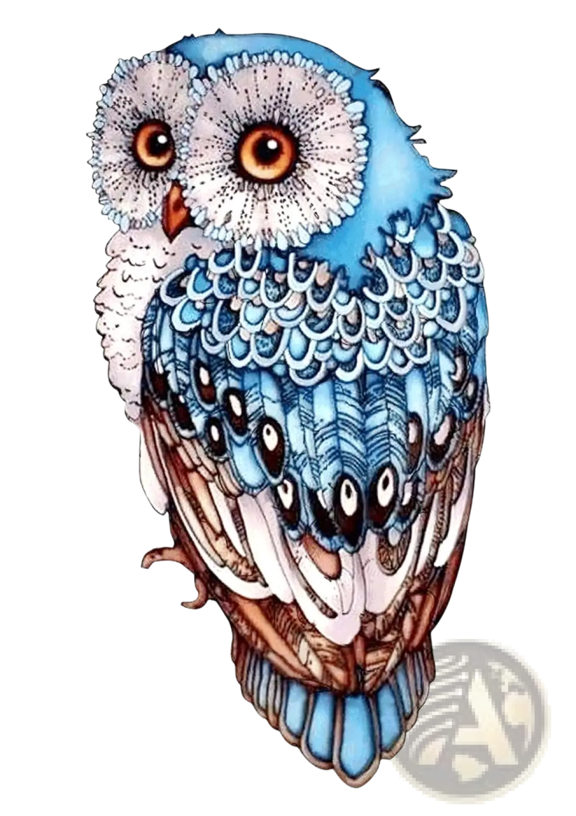 A3 animal puzzle craft hub featuring a blue and white owl with detailed feather patterns in zodiac psychedelic art style