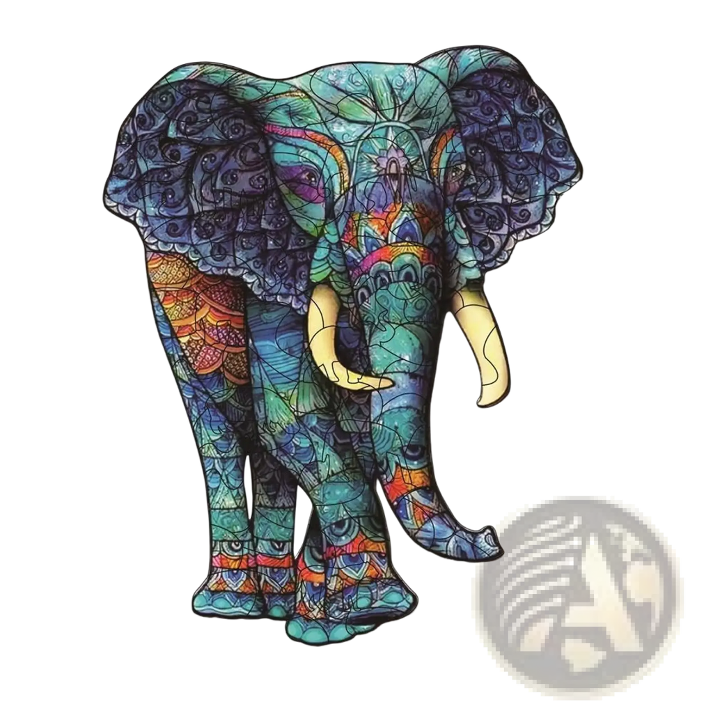 A3 animal puzzle featuring a vibrant teal purple and orange stained-glass elephant design for zodiac and psychedelic art fans