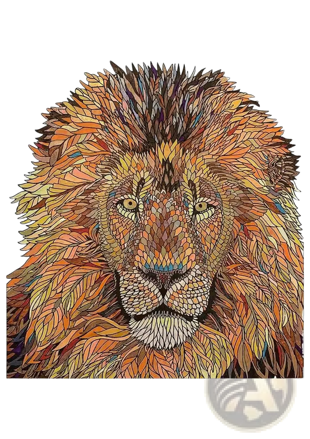 A3 animal puzzle craft hub featuring a vibrant lion portrait in warm orange yellow and brown leaf-like mosaic patterns