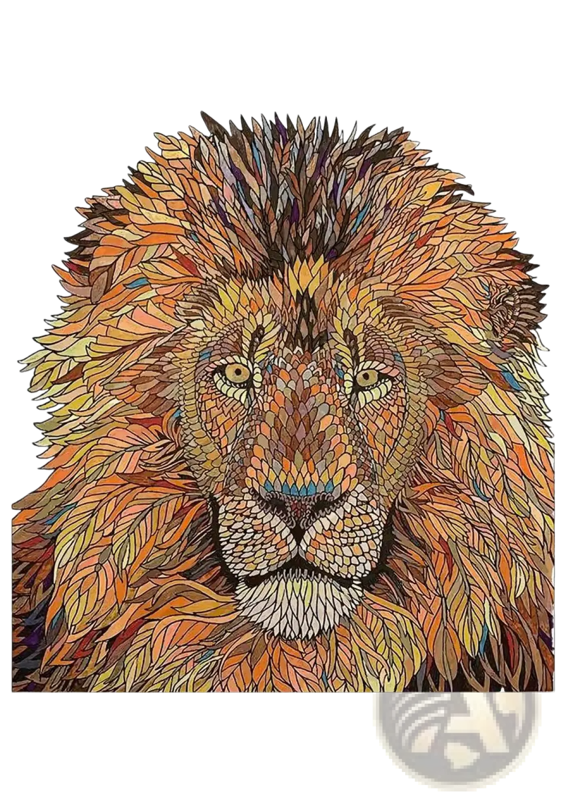 A3 animal puzzle craft hub featuring a vibrant lion portrait in warm orange yellow and brown leaf-like mosaic patterns