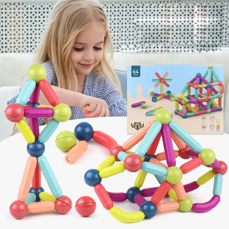 Conjunto de bloques magnéticos coloridos para niños que incluye de 50 a 100 piezas de varillas y esferas vibrantes de encastre para la construcción creativa.