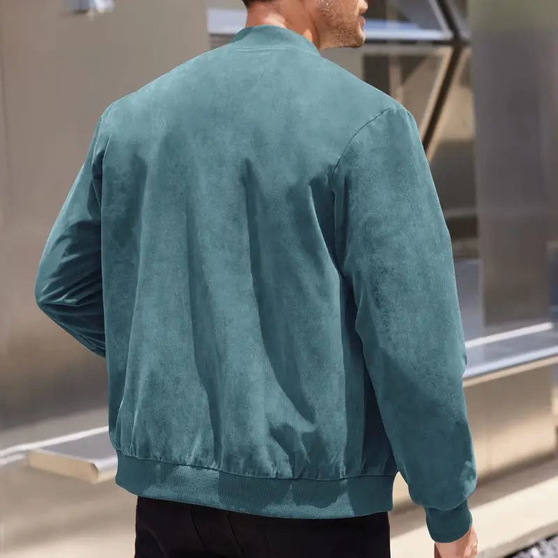 Men suede casual retro jacket in teal featuring a suede material with ribbed hem and cuffs for a stylish casual look.