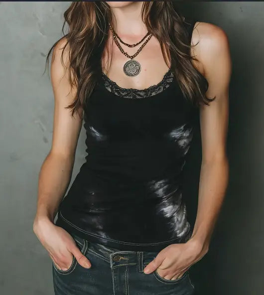 Black velvet tie dye tank top with lace trim at the neckline.