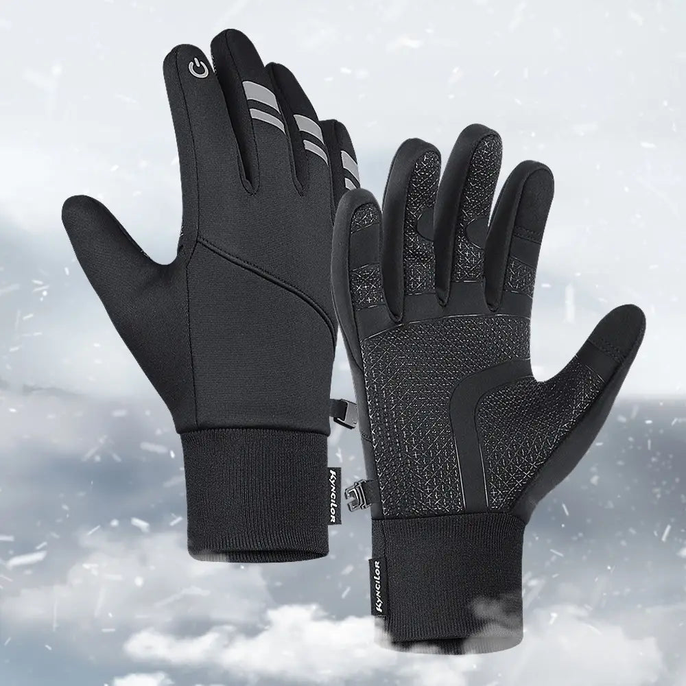 Black windproof thermal touchscreen winter gloves showing the back side with gray reflective stripes and textured grip panels for enhanced functionality.