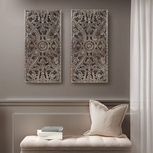 Two identical rectangular carved wood wall decor panels featuring intricate floral and geometric patterns in a distressed silver-gray finish.