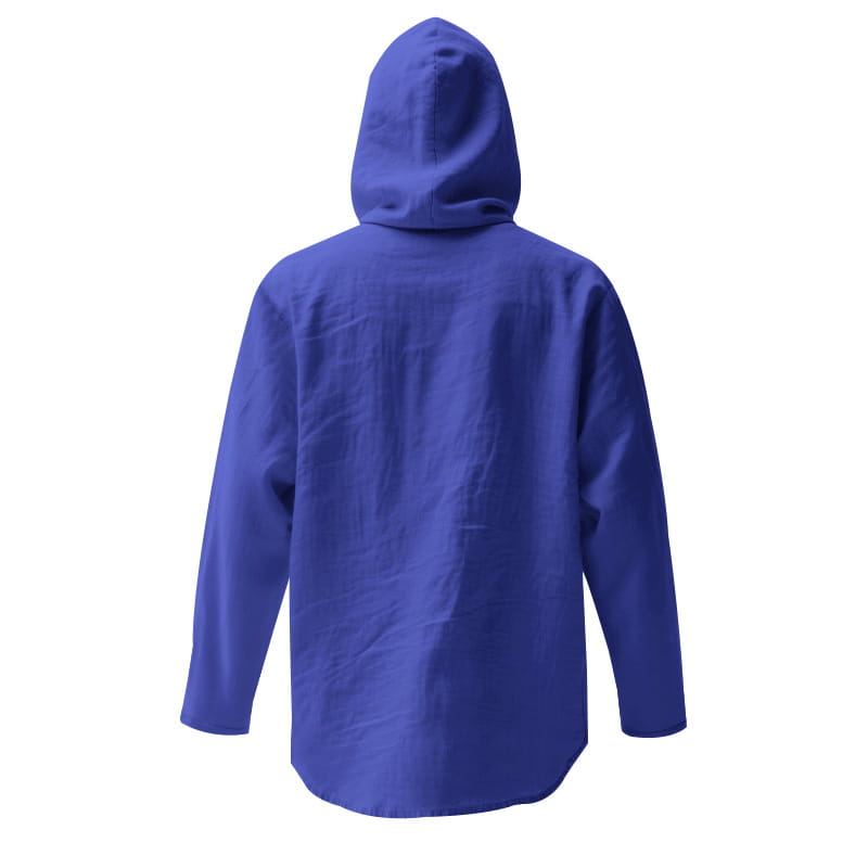 Men linen hooded cardigan shirt in royal blue with smooth slightly textured fabric and a simple design