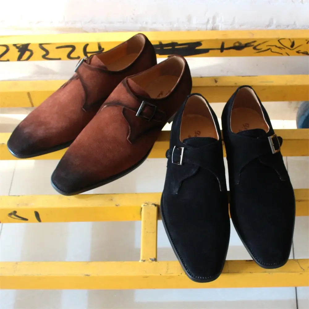 Handmade brown suede monk strap shoes with dark brown toe cap and silver buckle for men’s business casual wear.