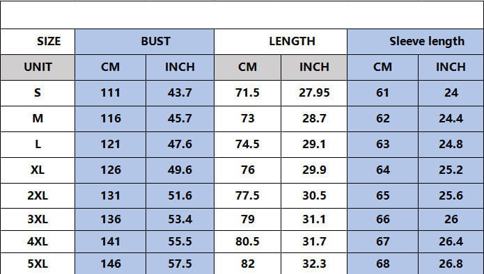Size chart for men’s premium geometric and printed long sleeve button down showing women’s garment measurements in centimeters and inches from size S to 5XL.