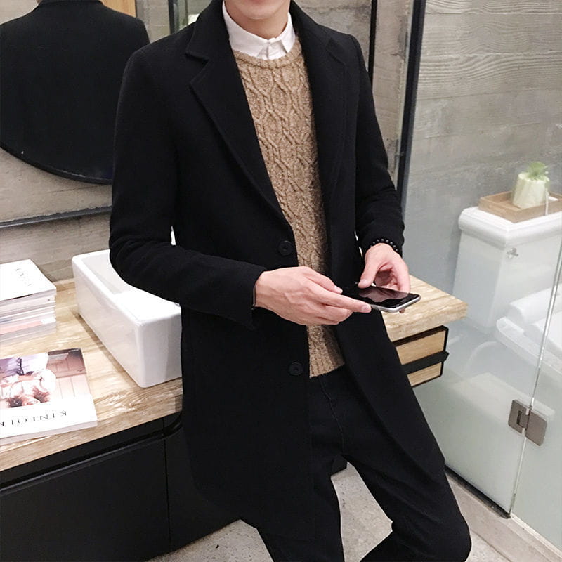 Black wool overcoat with notched lapels and single-breasted design in woolen mens slim fit trench coat grey style.