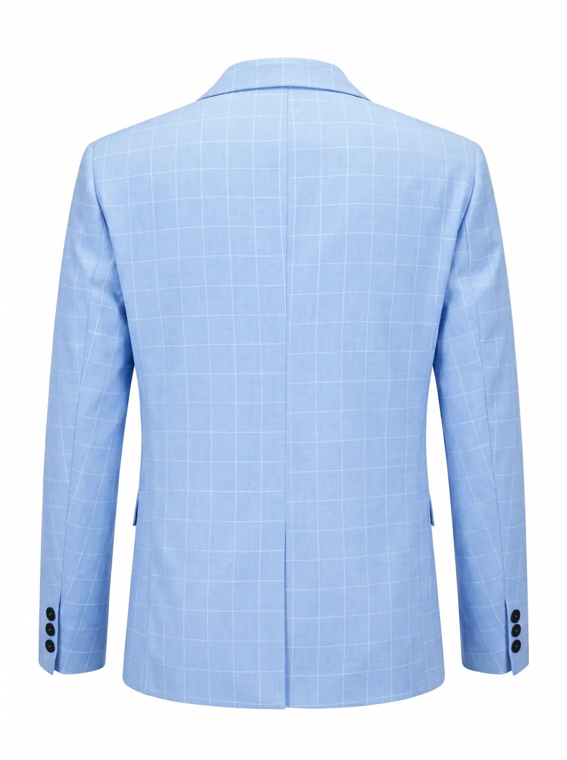 Hellblauer Karomuster-Business-Anzugjackenblazer mit dezentem weißem Karomuster und schwarzen Knöpfen an den Manschetten.