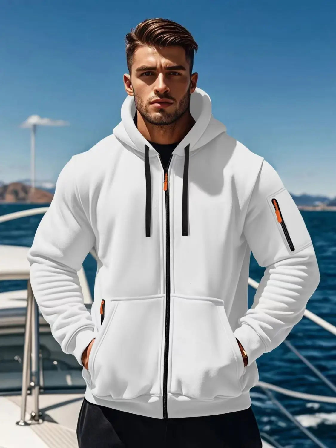 Men’s sport casual white fleece lined zip-up hoodie jacket with black drawstrings, orange zipper pulls, ribbed cuffs, and front pocket.