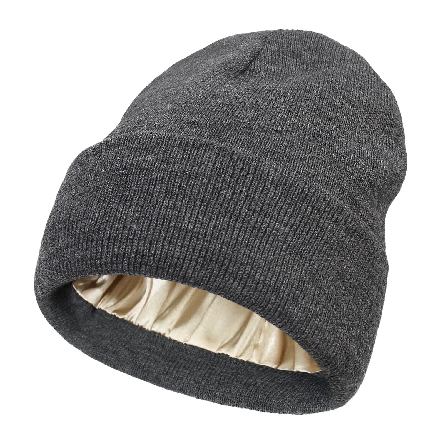 dark gray knit beanie with a soft satin-lined interior designed as a warm winter hat