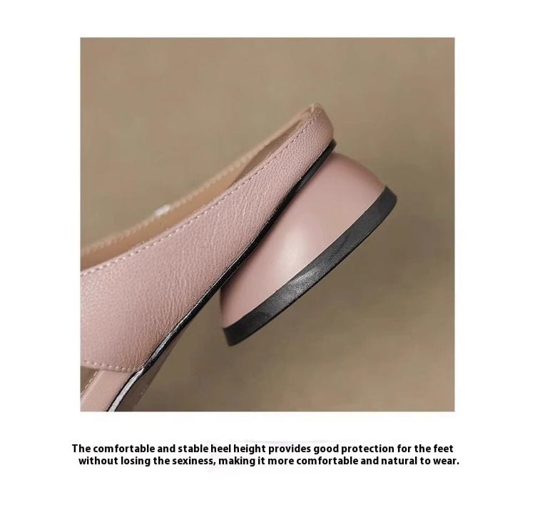 pink leather bow closed toe mule flats for women featuring a black rubber sole and a low stable heel