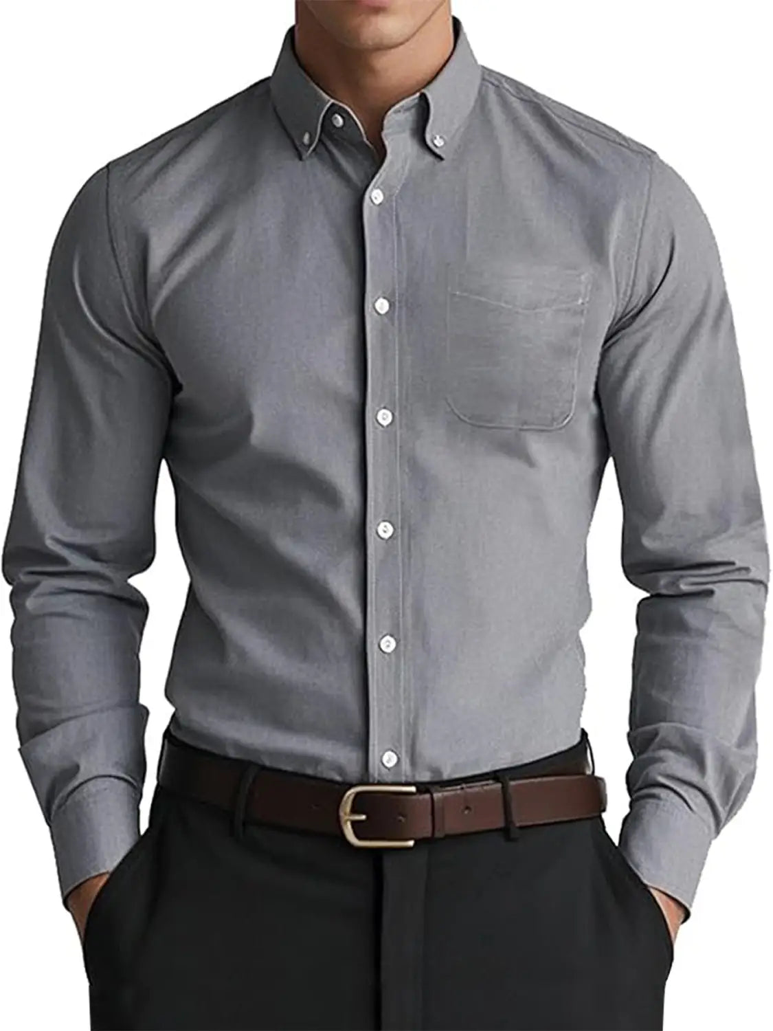 Graues Herren-Oxford-Freizeithemd im Button-down-Stil mit klassischem Kragen, weißen Knöpfen aus einem Baumwoll-Mischgewebe in reiner Uni-Farbe