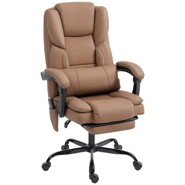 Sillón de masaje reclinable de cuero marrón color tan en polipiel, con base de metal negro y ruedas, mostrado desde el lado posterior.