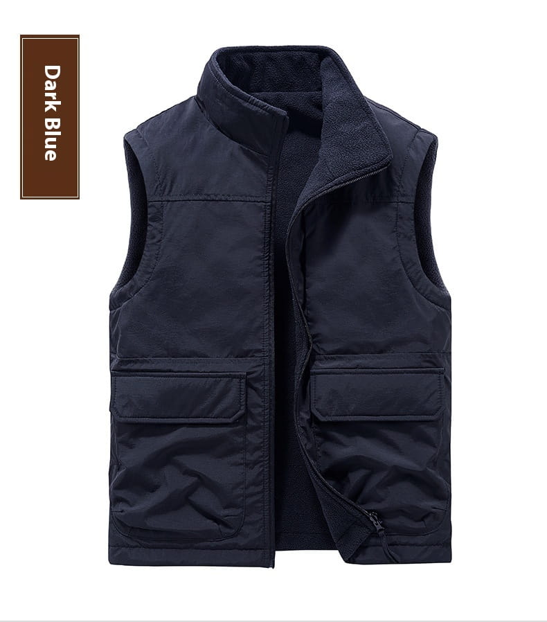 Dark blue men fleece cargo vest with quilted design fleece-lined collar and front pockets suitable for outdoor outerwear.