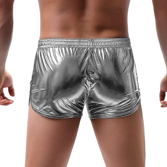 Mens shiny silver metallic casual shorts with a stretchy elastic waistband made from reflective material.