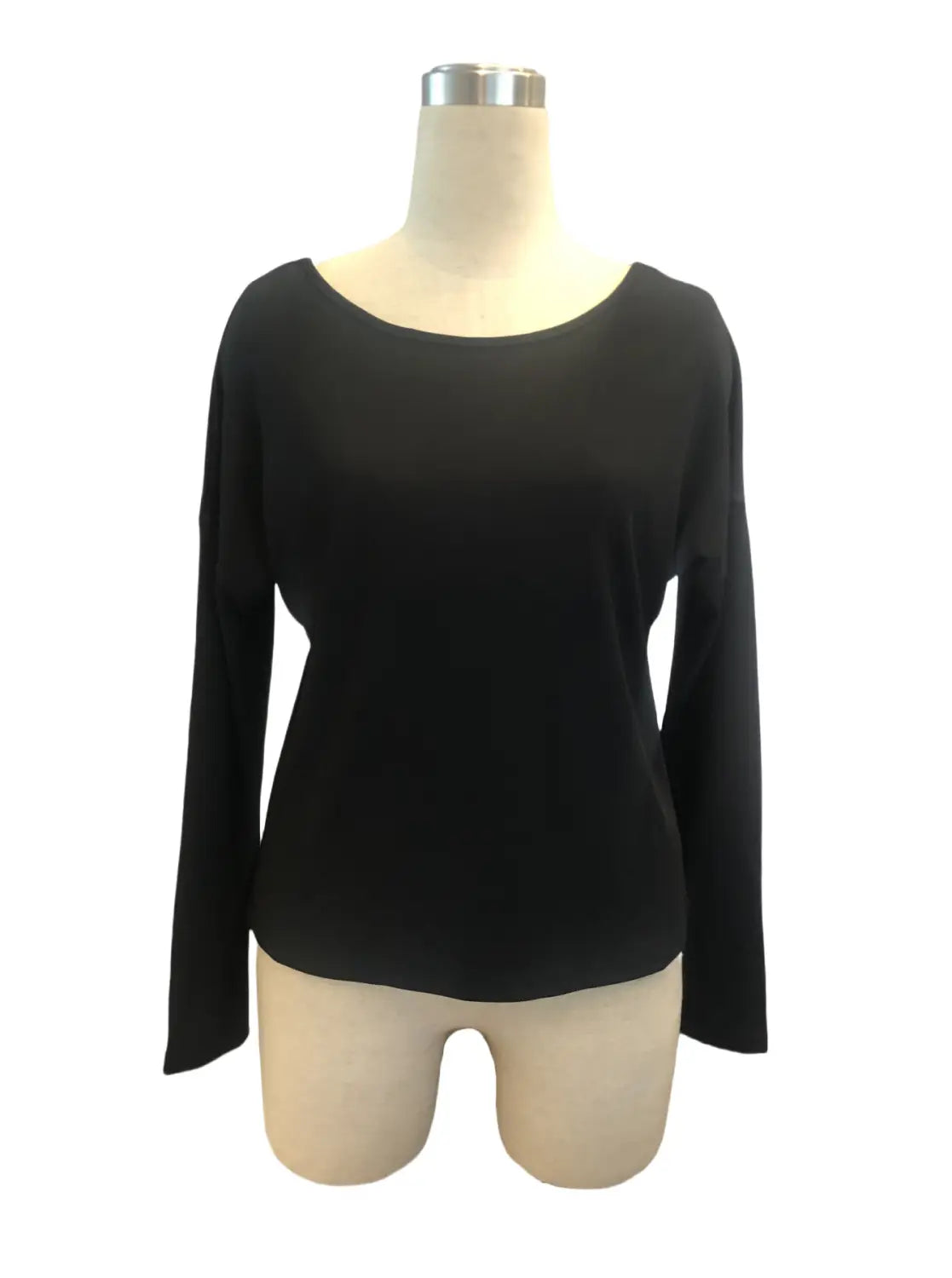 black butterfly lace back ribbed long sleeve top with a rounded neckline and smooth fitted fabric shown from the back