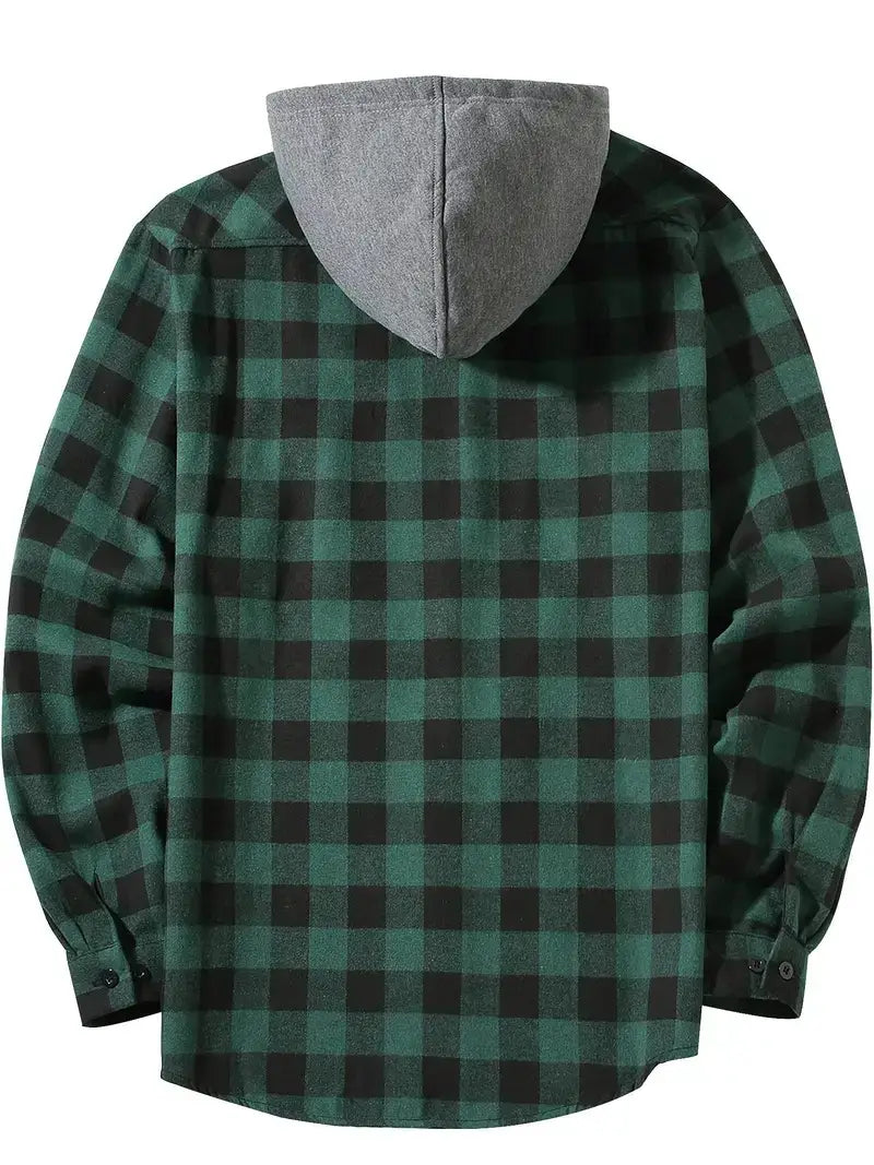 Men’s plaid hooded flannel shirt in green and black with a gray fleece-lined hood.