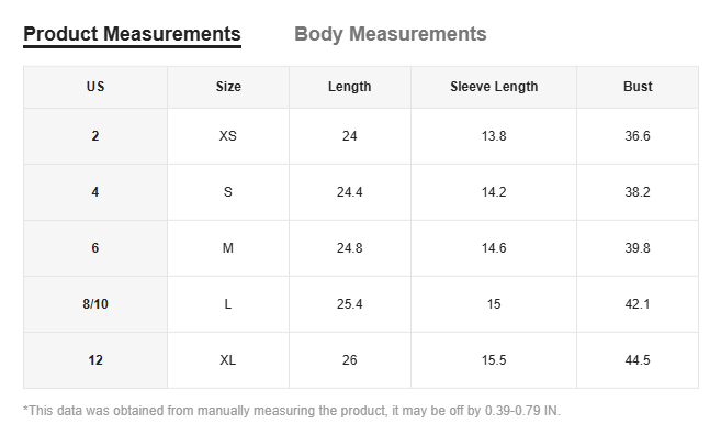 The image shows a size chart table for the women’s line art graphic open shoulder long sleeve top with measurements for length sleeve length and bust.