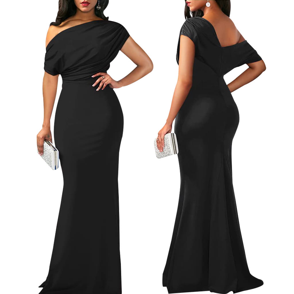 Black satin off the shoulder mermaid evening gown with a fitted silhouette and draped bodice suitable for formal occasions