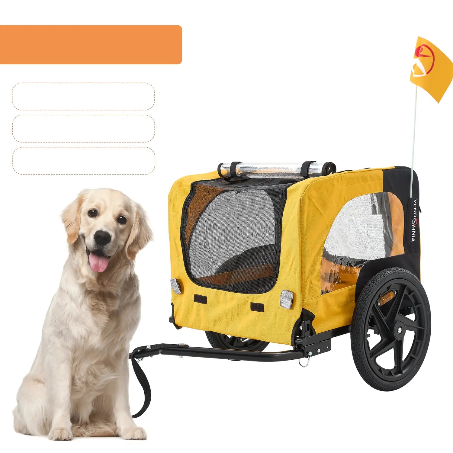 Yellow heavy duty foldable dog bicycle trailer shown from the back with yellow and black colors mesh sides clear windows and a small flag on the rear.