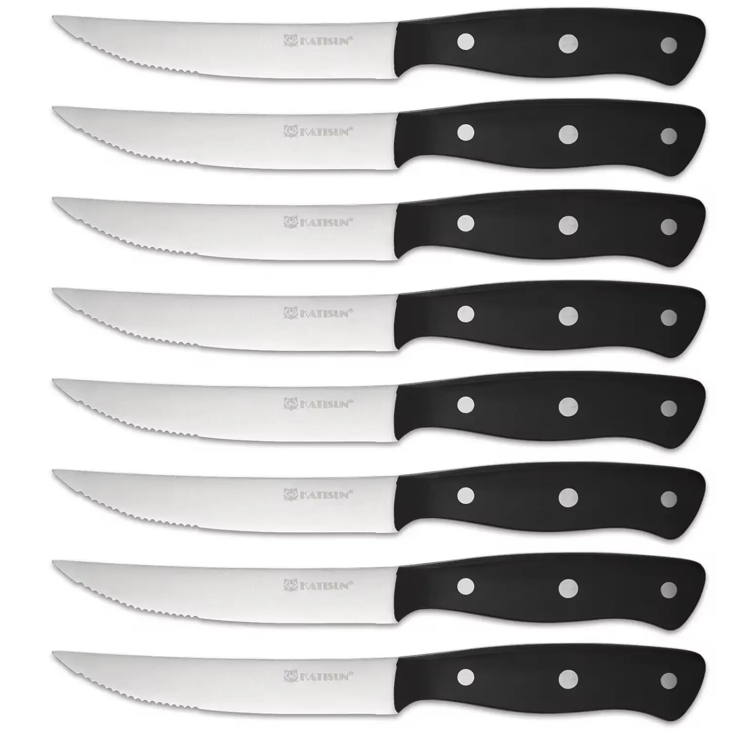 Ensemble de huit couteaux à steak à poignée noire, avec des lames dentelées en acier inoxydable et en acier au carbone, portant le logo de la marque katesun près de la poignée.