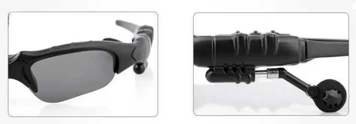Black sport-style smart Bluetooth audio sunglasses with HD camera, mic, dark gray lenses, and textured rugged frame design.