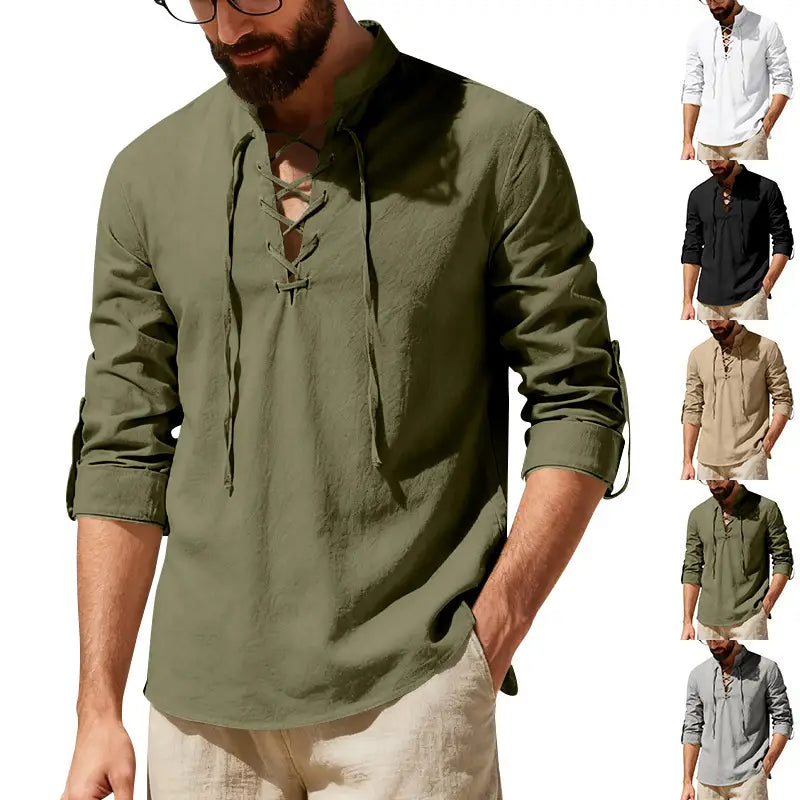 Camisa tipo henley de lino para hombre en color verde oliva, de manga larga, con cordones, puños abotonados y mangas arremangables.