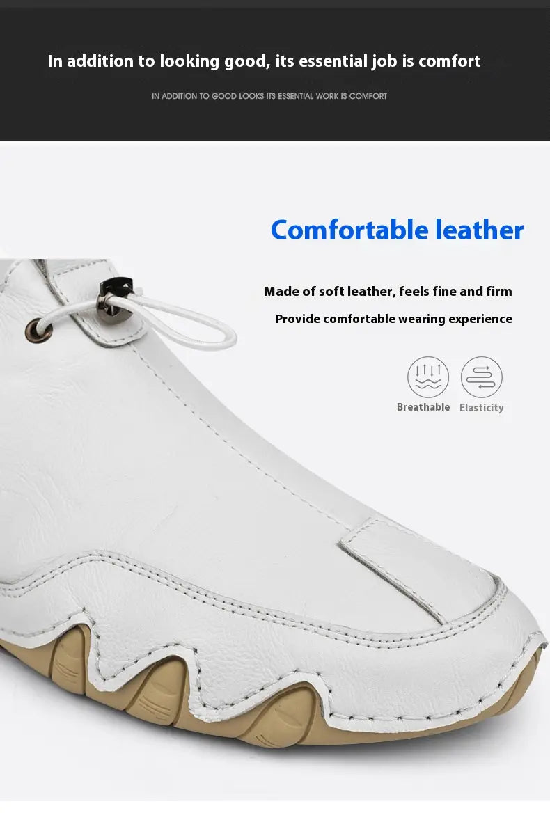 Chaussures de sport décontractées à enfiler pour homme en cuir souple blanc, avec une semelle ondulée beige et des lacets blancs.