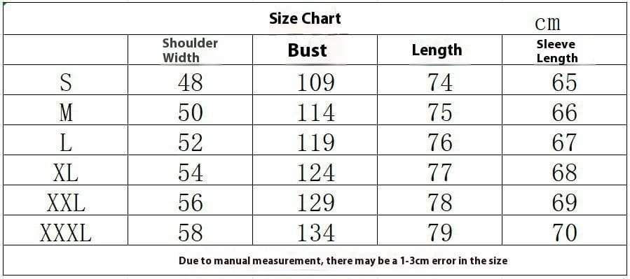 Size chart for men’s sport casual fleece lined zipper hoodie jacket showing measurements in centimeters for sizes S through XXXL.
