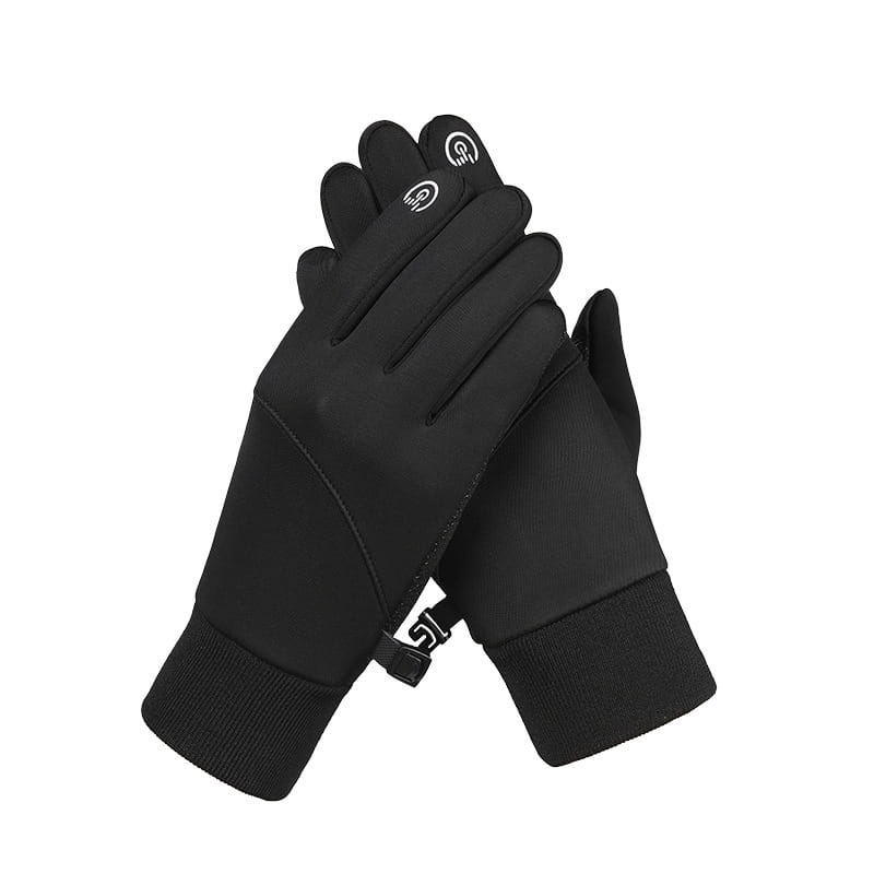 black touchscreen winter gloves with a sleek snug fit and reinforced fingertips made of waterproof fleece for sports and outdoor use