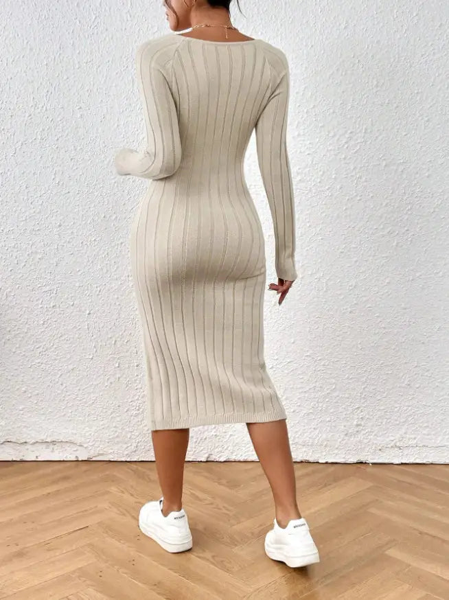 Beige ribbed knit long-sleeve midi dress with square neck and side slit displayed from the front.