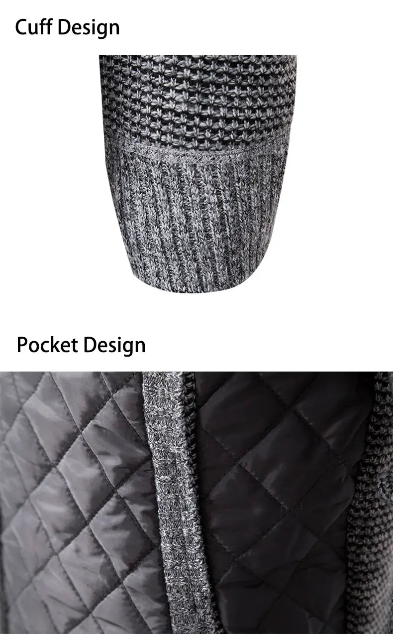 cardigan pour homme en maille matelassée à col montant, avec un poignet en maille texturée gris et un design de poche matelassée noire sur le vêtement d’extérieur