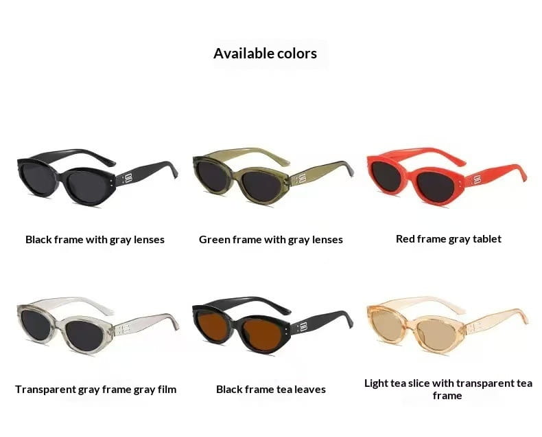 retro cat eye uv400 sunglasses with glossy modern frames in black green red transparent gray and light tea slice colors showcasing a sleek design.