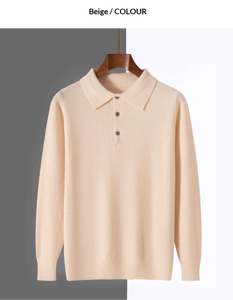 Beige knit polo sweater long sleeve pullover featuring a classic collar and three dark buttons.