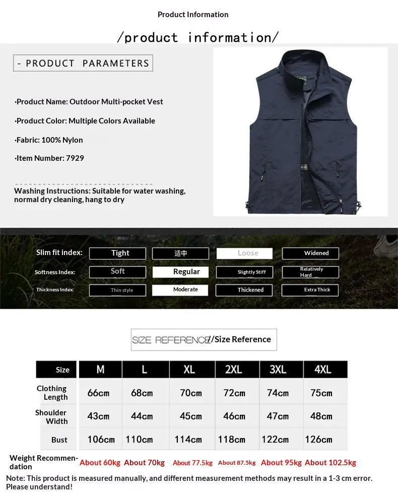 Navy blue nylon men multi pocket fishing vest with multiple outdoor utility pockets shown from the back.