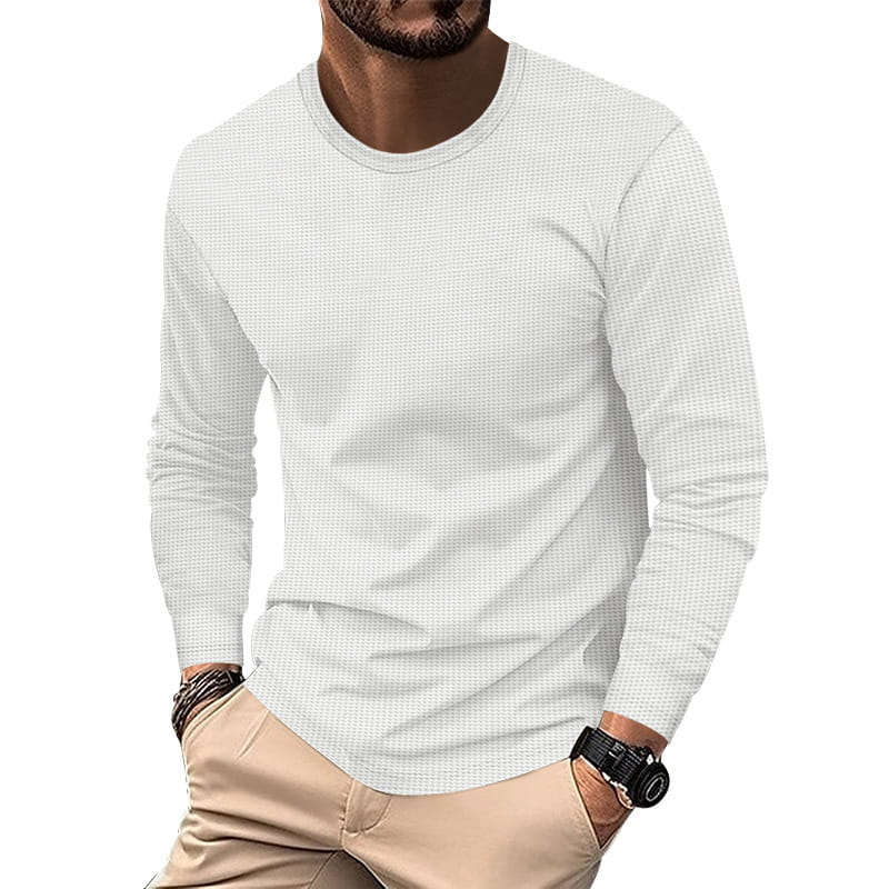 Men’s long sleeve waffle knit thermal pullover in white with a subtle textured weave and crew neck design.