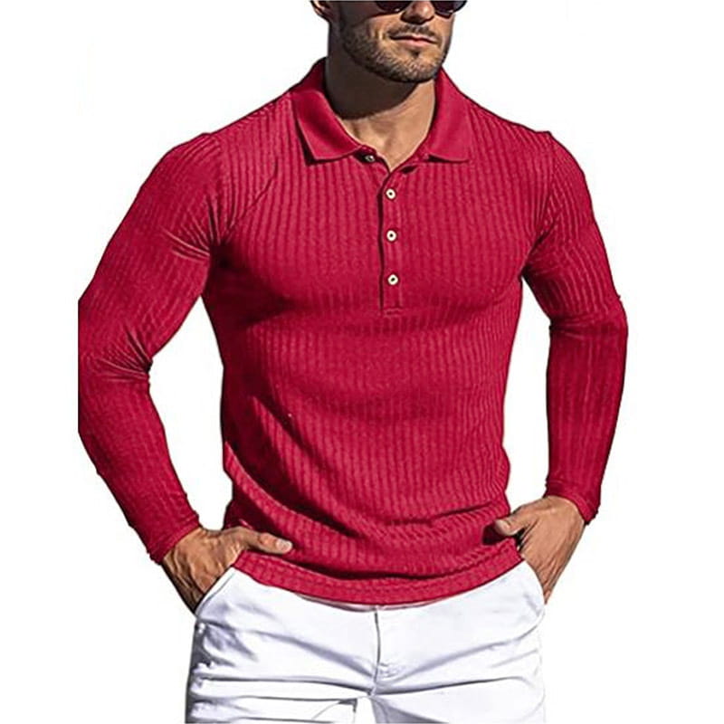 Men’s slim fit red ribbed knit long sleeve polo shirt with white buttons.