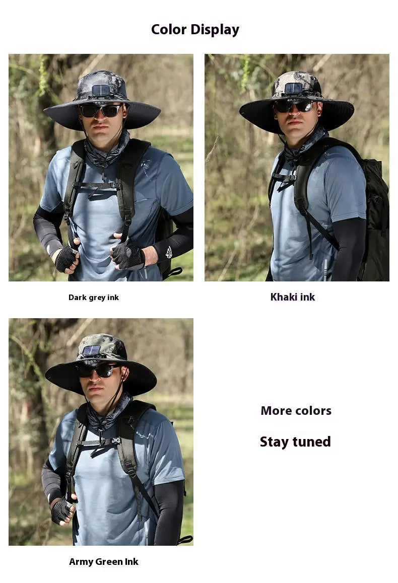 Wide-brimmed solar fan bucket hat with camouflage ink pattern and small solar panel on the front designed for outdoor sun protection.